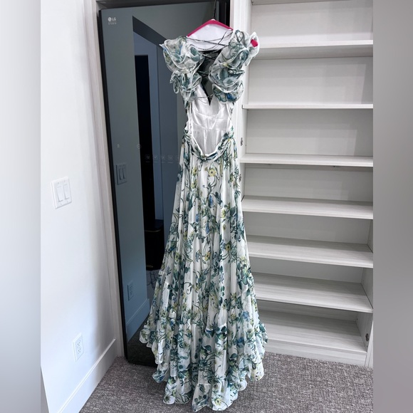 Worn Once Mac Duggal Floral Chiffon Lace Up Gown - Picture 2 of 10